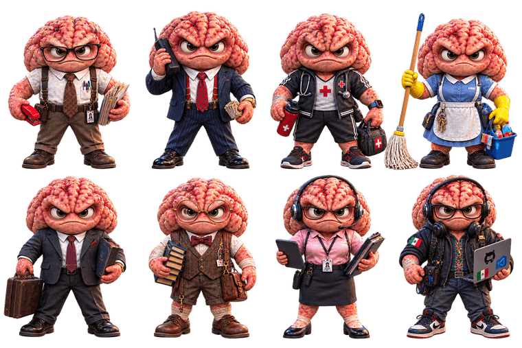 Eight Household brain character designs in different work outfits, including office, medical, cleaning, teaching and computer roles.