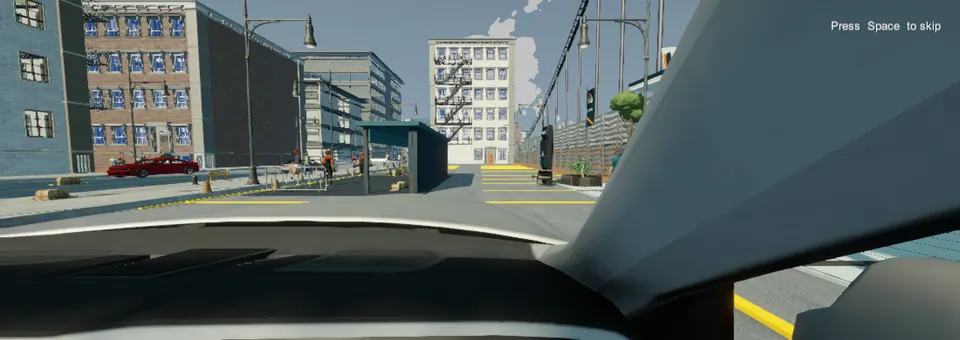 View from inside a car approaching SKYLINE, with city buildings, park fences and staff ahead.