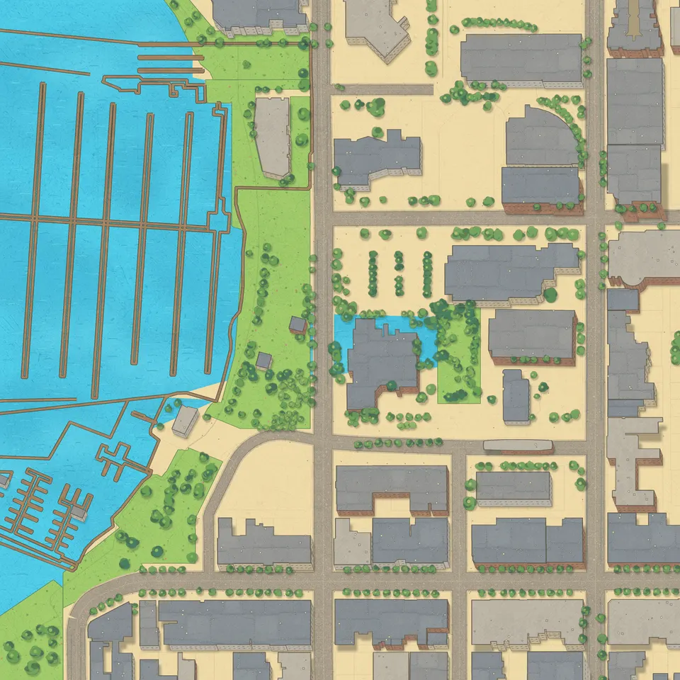 Illustrated Stached map showing waterfront paths, streets, trees and city blocks.