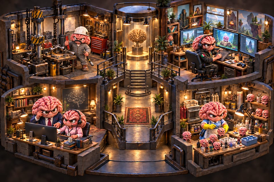 A miniature industrial lab with brain characters at a hydraulic workbench, game studio, AI workspace and toy-making bench.